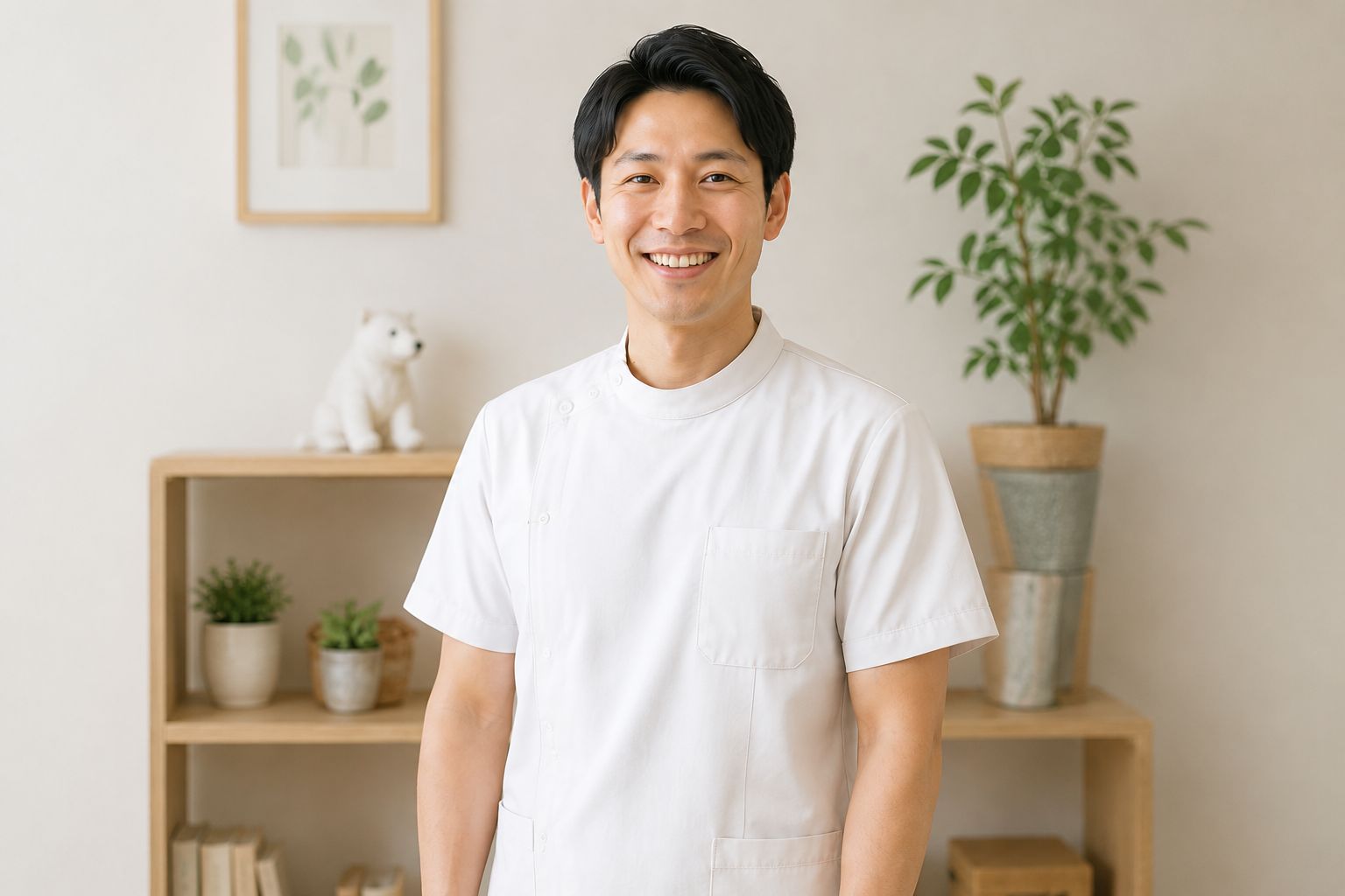 白衣姿で微笑む院長 田中佑亮