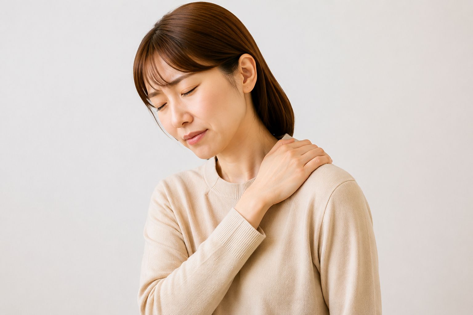 肩に手を当てて痛みをこらえる女性